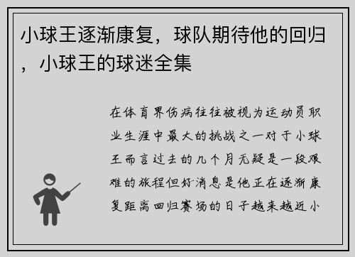 小球王逐渐康复，球队期待他的回归，小球王的球迷全集
